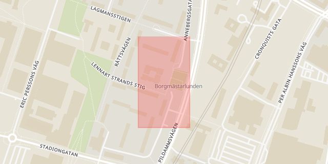 Karta som med röd fyrkant ramar in Stadiongatan, Borgmästaregården, Malmö, Skåne län