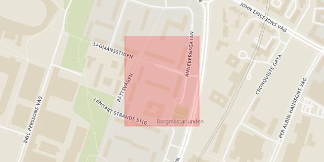 Karta som med röd fyrkant ramar in Lagmansgatan, Hyllie, Malmö, Skåne län