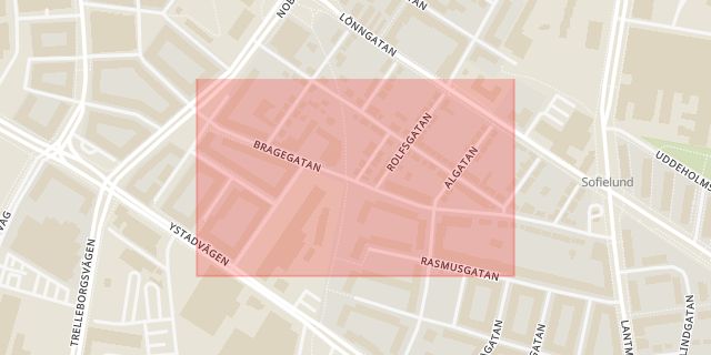 Karta som med röd fyrkant ramar in Södra Sofielund, Bragegatan, Malmö, Skåne län
