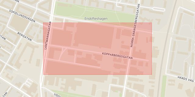 Karta som med röd fyrkant ramar in Södra Sofielund, Kopparbergsgatan, Malmö, Skåne län