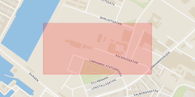 Karta som med röd fyrkant ramar in Packhusgatan, Malmö, Skåne län