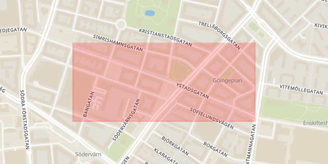 Karta som med röd fyrkant ramar in Möllevången, Ystadsgatan, Malmö, Skåne län