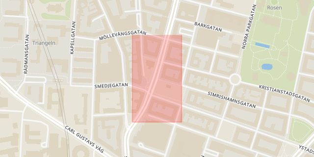 Karta som med röd fyrkant ramar in Möllevångstorget, Bergsgatan, Ystadsgatan, Malmö, Skåne län