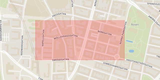 Karta som med röd fyrkant ramar in Möllevångsgatan, Malmö, Skåne län