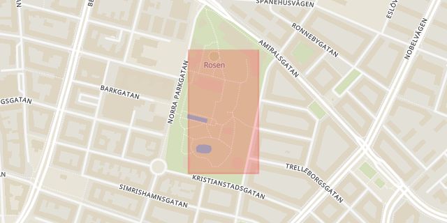 Karta som med röd fyrkant ramar in Amiralsgatan, Folkets Park, Malmö, Skåne län