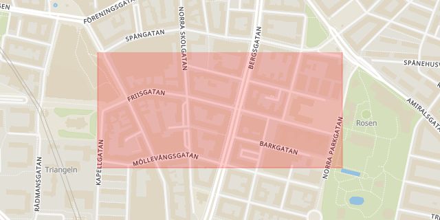 Karta som med röd fyrkant ramar in Friisgatan, Malmö, Skåne län