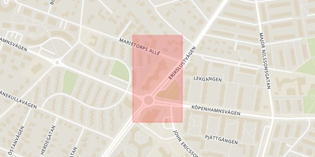 Karta som med röd fyrkant ramar in Bodekullsgatan, Erikslustvägen, Lantmannagatan, Malmö, Skåne län