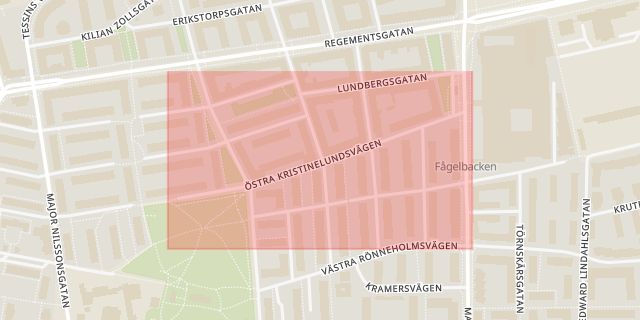 Karta som med röd fyrkant ramar in Östra Kristinelundsvägen, Kronprinsen, Malmö, Skåne län