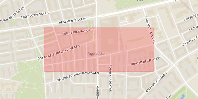 Karta som med röd fyrkant ramar in Fågelbacksgatan, Malmö, Skåne län