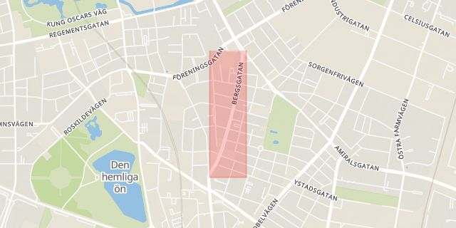 Karta som med röd fyrkant ramar in Möllevången, Bergsgatan, Malmö, Skåne län