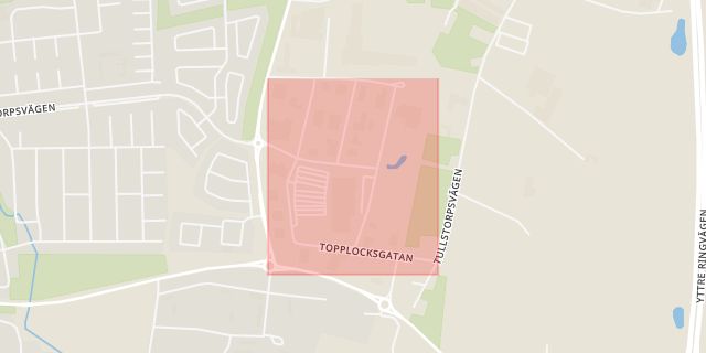 Karta som med röd fyrkant ramar in Topplocksgatan, Malmö, Skåne län