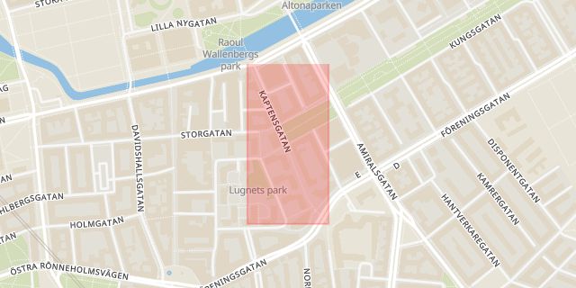 Karta som med röd fyrkant ramar in Kaptensgatan, Malmö, Skåne län