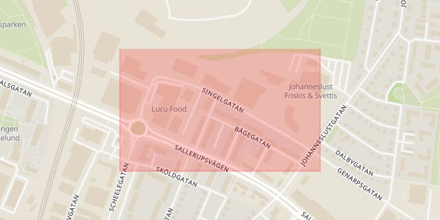Karta som med röd fyrkant ramar in Johanneslust, Singelgatan, Malmö, Skåne län