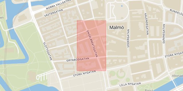 Karta som med röd fyrkant ramar in Engelbrektsgatan, Malmö, Skåne län