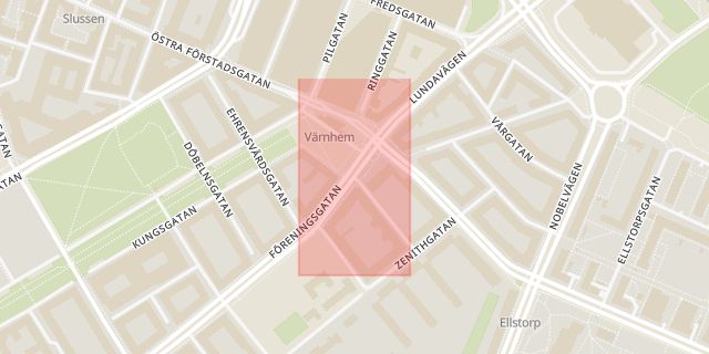 Karta som med röd fyrkant ramar in Grangatan, Föreningsgatan, Malmö, Skåne län