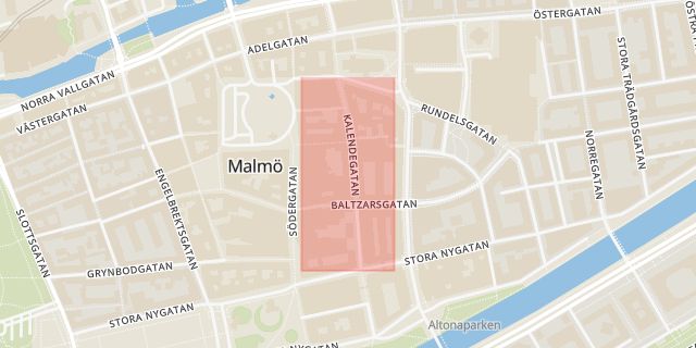 Karta som med röd fyrkant ramar in Kalendegatan, Malmö, Skåne län