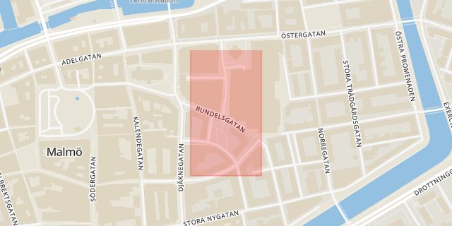 Karta som med röd fyrkant ramar in Rundelsgatan, Caroli, Malmö, Skåne län