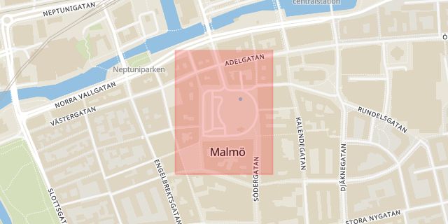 Karta som med röd fyrkant ramar in Kalendegatan, Stortorget, Malmö, Skåne län