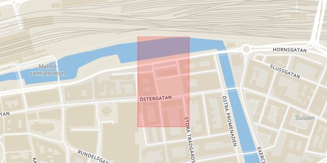 Karta som med röd fyrkant ramar in Drottningtorget, Malmö, Skåne län