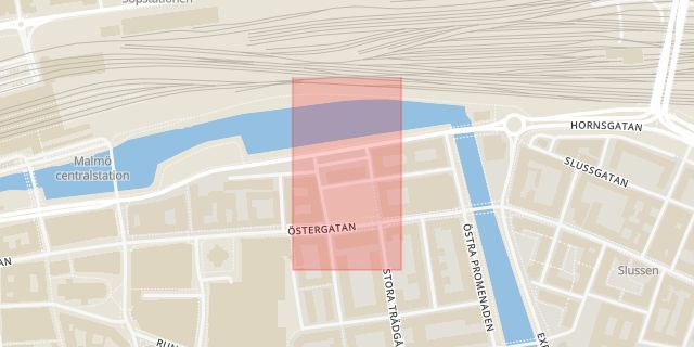 Karta som med röd fyrkant ramar in Drottningtorget, Hornsgatan, Malmö, Skåne län