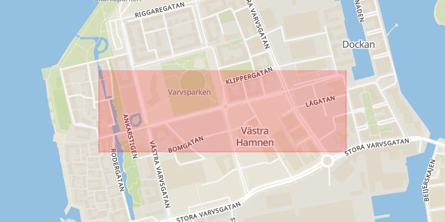 Karta som med röd fyrkant ramar in Lilla Varvsgatan, Malmö, Skåne län