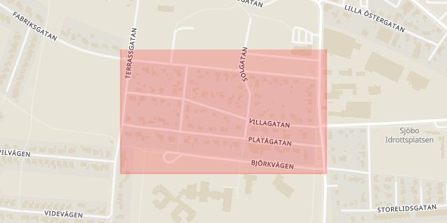 Karta som med röd fyrkant ramar in Villagatan, Sjöbo, Skåne län
