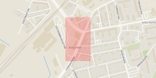 Karta som med röd fyrkant ramar in Arlöv, Sockerbitstorget, Staffanstorp, Malmö, Burlöv, Skåne län
