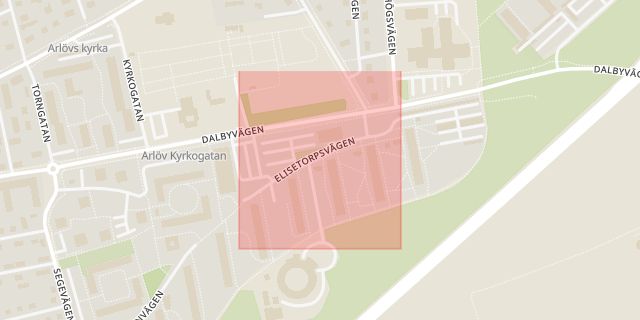 Karta som med röd fyrkant ramar in Elisetorpsvägen, Arlöv, Burlöv, Skåne län