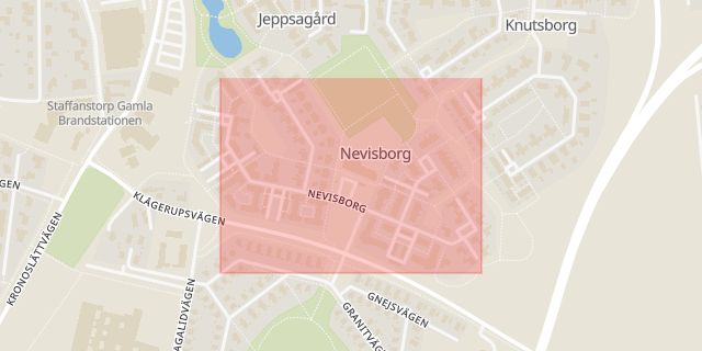 Karta som med röd fyrkant ramar in Nevisborg, Staffanstorp, Skåne län