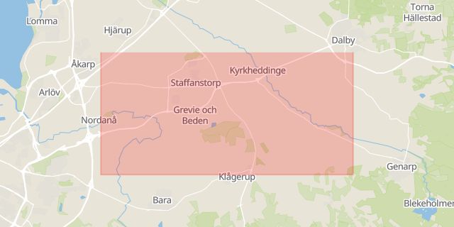 Karta som med röd fyrkant ramar in Nordanå, Skåne, Bokskogen, Torup, Karlsson, Staffanstorp, Skåne län