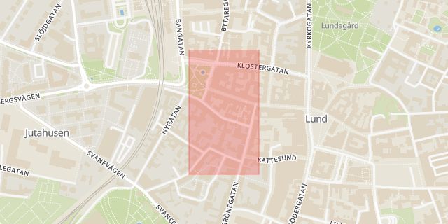 Karta som med röd fyrkant ramar in Stora Fiskaregatan, Lund, Skåne län