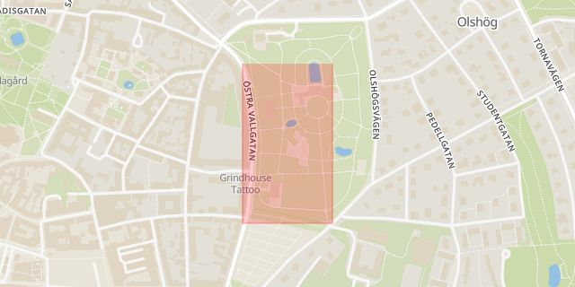 Karta som med röd fyrkant ramar in Botaniska Trädgården, Lund, Skåne län