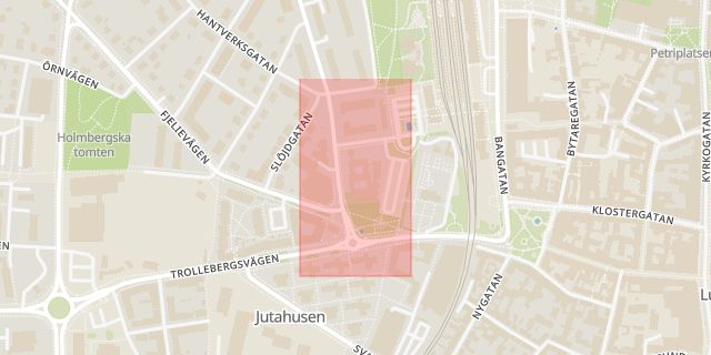 Karta som med röd fyrkant ramar in Tingsrätten, Lund, Skåne län