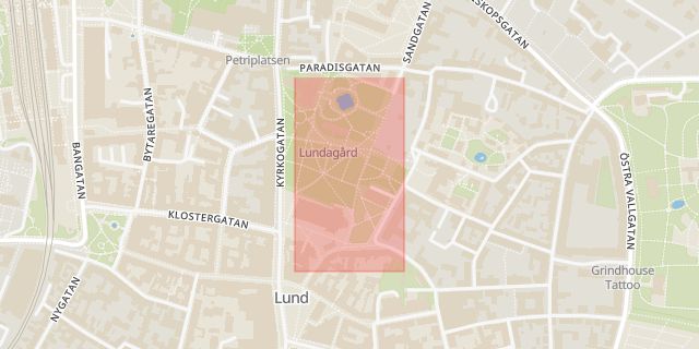 Karta som med röd fyrkant ramar in Lundagård, Lund, Skåne län
