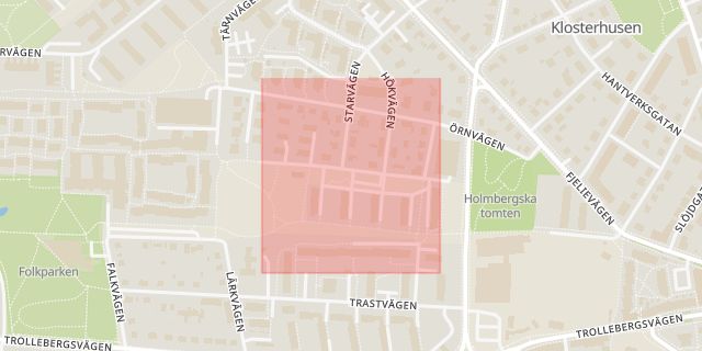 Karta som med röd fyrkant ramar in Steglitsvägen, Lund, Skåne län