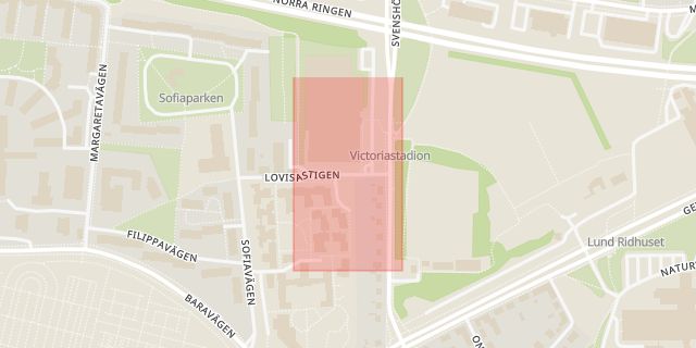 Karta som med röd fyrkant ramar in Lovisastigen, Lund, Skåne län