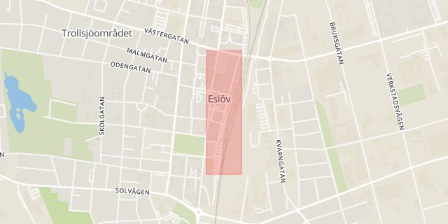 Karta som med röd fyrkant ramar in Storgatan, Eslöv, Skåne län