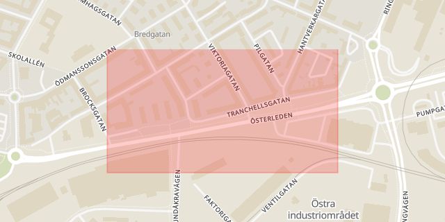 Karta som med röd fyrkant ramar in Tranchellsgatan, Landskrona, Skåne län