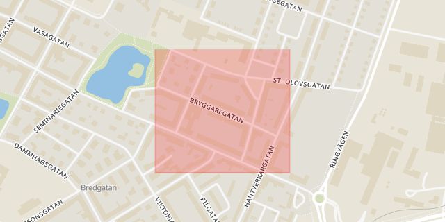 Karta som med röd fyrkant ramar in Bryggaregatan, Landskrona, Skåne län
