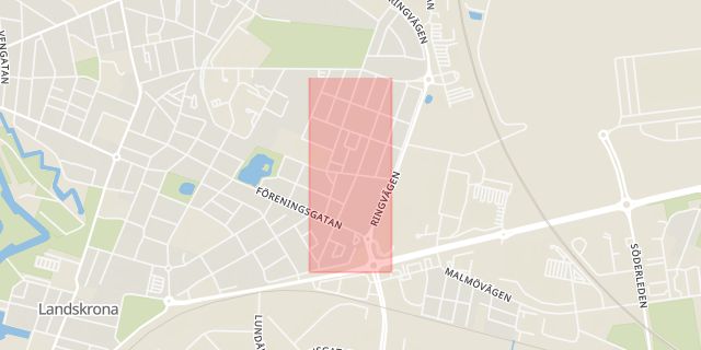 Karta som med röd fyrkant ramar in Hantverkaregatan, Landskrona, Skåne län