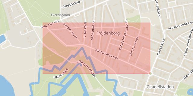 Karta som med röd fyrkant ramar in Artillerigatan, Entre, Landskrona, Skåne län
