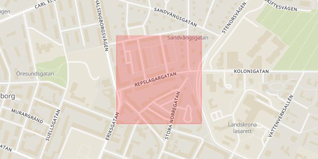 Karta som med röd fyrkant ramar in Repslagargatan, Landskrona, Skåne län