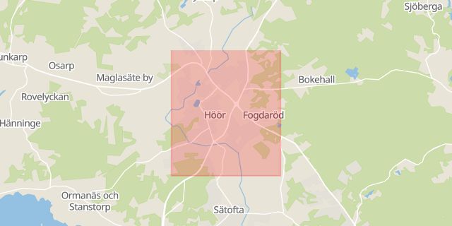 Karta som med röd fyrkant ramar in Hörby, Höör, Skåne län