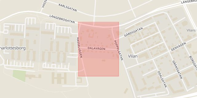 Karta som med röd fyrkant ramar in Dalavägen, Kristianstad, Skåne län