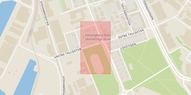 Karta som med röd fyrkant ramar in Planteringen, Talldungen, Helsingborg, Skåne län
