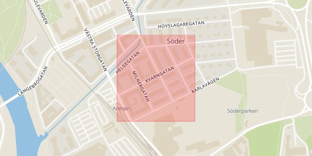 Karta som med röd fyrkant ramar in Kvarngatan, Kristianstad, Skåne län