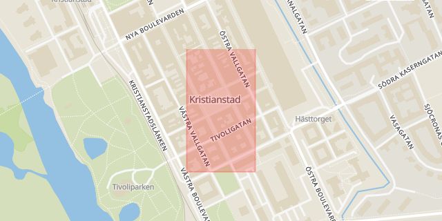 Karta som med röd fyrkant ramar in Lilla Torg, Kristianstad, Skåne län