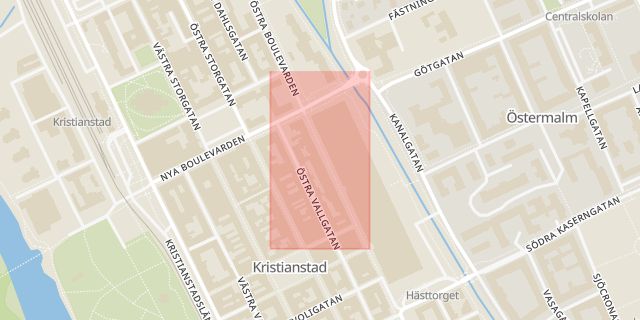 Karta som med röd fyrkant ramar in Östra Boulevarden, Hemmakväll, Kristianstad, Skåne län