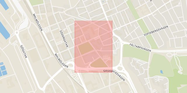 Karta som med röd fyrkant ramar in Gustav Adolfs Gata, Helsingborg, Skåne län