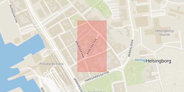 Karta som med röd fyrkant ramar in Karlsgatan, Helsingborg, Skåne län